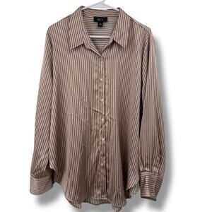 NEW BCX Tan stripe Blouse Size Large Button Up Collared Brown Satin Dress Shirt